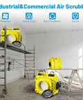 Serious Suction Power With 550 Cfm Hepa Filtration Three Stage Negative Air Machine on scaffolding in industrial workspace.