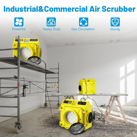 Serious Suction Power With 550 Cfm Hepa Filtration Three Stage Negative Air Machine on scaffolding in industrial workspace.