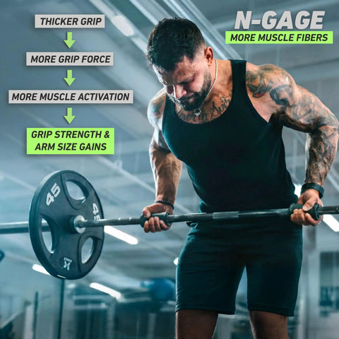 Man using Angled Barbell Grips Pro for Joint Support and Muscle Activation in gym setting