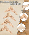 Five unpainted carved wood decals with floral motifs, part of the Twenty Piece Wood Applique Corner Onlay Set For DIY Furniture Decor.