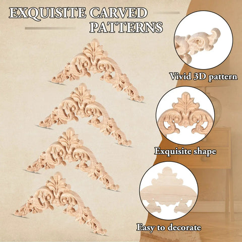 Five unpainted carved wood decals with floral motifs, part of the Twenty Piece Wood Applique Corner Onlay Set For DIY Furniture Decor.