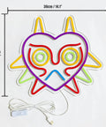 Majoras Mask LED Neon Sign for Gaming Room Decor featuring multicolor glow, size 14.1 x 12.2 in with USB power cable.