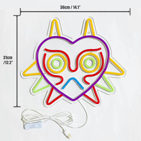 Majoras Mask LED Neon Sign for Gaming Room Decor featuring multicolor glow, size 14.1 x 12.2 in with USB power cable.