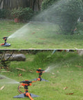360 Degree Yard Sprinkler With Adjustable 45 To 90 Degree Spray in action, watering a large garden area on a green lawn