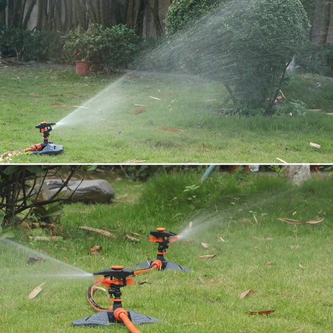 360 Degree Yard Sprinkler With Adjustable 45 To 90 Degree Spray in action, watering a large garden area on a green lawn