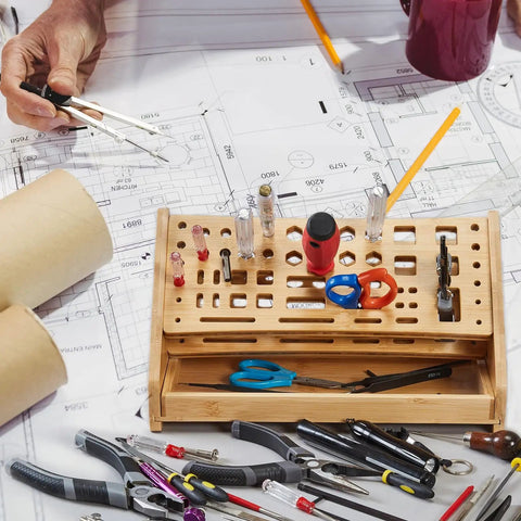 Bamboo Screwdriver Organizer Rack For Desktop Use Handy Hand Tool Stand And Repair Storage Holder with various tools in use