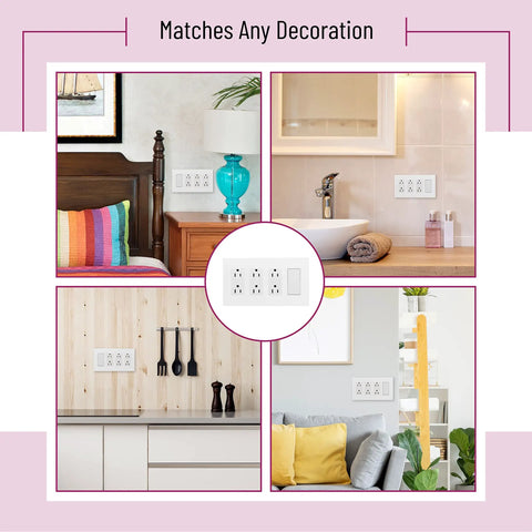 Screwless 4 Gang Decorator Wall Plate White Polycarbonate Outlet Cover in various home settings