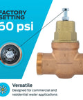 Cash Acme EB45 pressure regulating valve, 1-inch NPT threaded, brass body with metal top, 60 psi setpoint