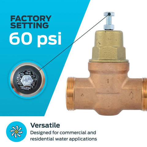 Cash Acme EB45 pressure regulating valve, 1-inch NPT threaded, brass body with metal top, 60 psi setpoint