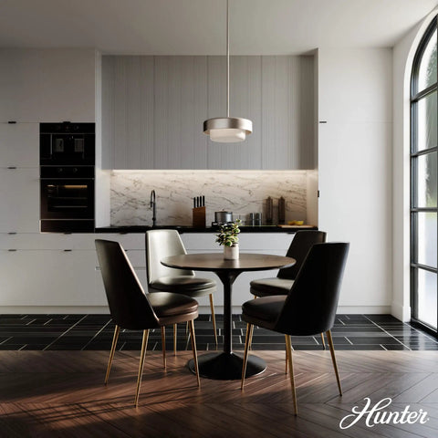 Station 2-Light Brushed Nickel Drum Pendant Light With Dimmable Feature above dining table in modern kitchen setting
