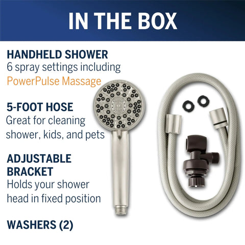 High Pressure Handheld Shower Head With Hose PowerPulse Massage 6 Modes Brushed Nickel Finish with adjustable bracket and washers