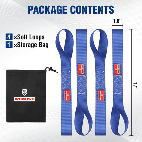 Soft Loop Tie Down Straps 4 Pack 1.6 Inch By 17 Inch 5000 Lbs Break Strength Heavy Duty With Soft Loop Ends For Securing Motorcycles ATVs UTVs Kayaks Dirt Bikes Blue, 4 straps and storage bag