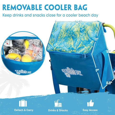 Removable cooler bag for 2 In 1 Beach Cart And Table With Big Balloon Wheels For Sand, showing drinks and snacks inside.