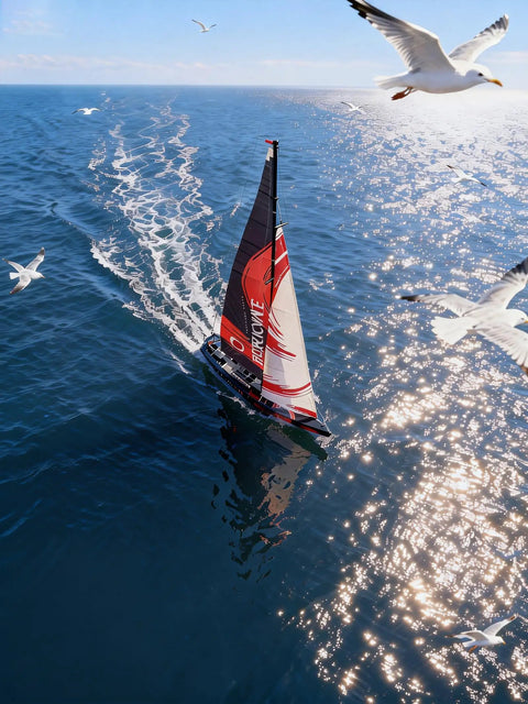 84 Inch Remote Control Sailboat Kit With Preassembled Accessories, 2.4G RC Watercraft on ocean with seagulls overhead