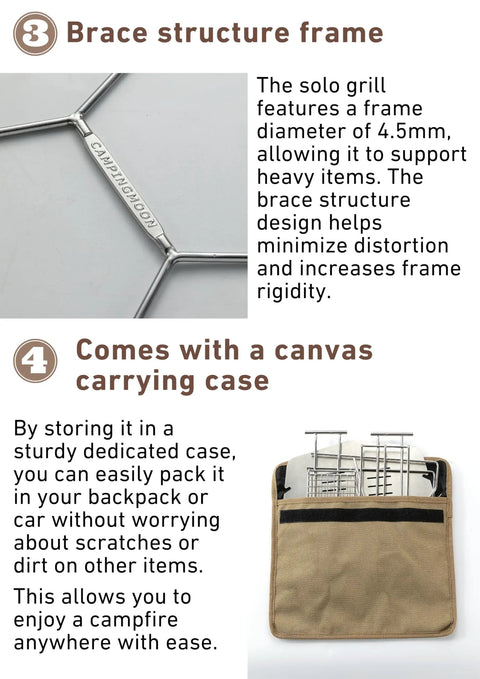 Solo Grill A4 Portable Camping Fire Pit brace frame and carrying case, foldable design, includes canvas bag for outdoor use