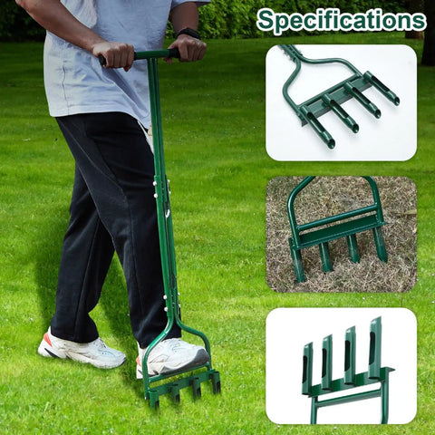42 Inch Manual Lawn Aerator Tool With Core Plug Tines For Lawn And Soil Aeration, Heavy Duty Yard And Garden Tool, Green Finish