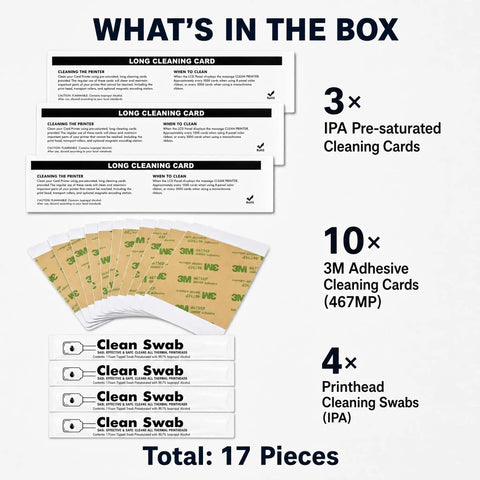 Keep Your Card Printer Running Smooth With This Top Shelf Cleaning Kit Featuring Essential IPA And Adhesive Cards Plus Heavy Duty Printhead Swabs For Hassle Free Id Printer Maintenance That Always Hits The Spot showing contents of cleaning kit.