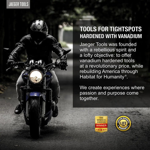 Motorcyclist with text overlay promoting vanadium hardened tools by Jaeger Tools.