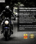 Motorcyclist riding towards the camera emphasizing Jaeger Tools' mission for vanadium hardened tools in tight spots.