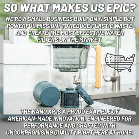 Replacement Nano Filter For XP Water Pitcher Or Dispenser With Nanofiltration NSF Certified next to a XP pitcher on kitchen counter