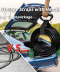 Coiled 25 Foot 30 Amp Generator Extension Cord with 4 Prong L14-30P to L14-30R and storage straps shown in front of open car trunk.