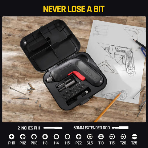 Beast Cordless Screwdriver Kit With 14 Bits, Digital Screen, open case with tools on table, sketches and pencils nearby.