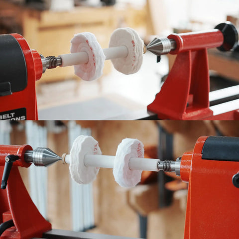 Woodworking Lathe Buffing System Two Step 4 Inch Wheel Buffing Mandrel with MT2 Morse Taper Mounts on red lathe