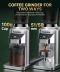 Ditch The Clutter And Ditch The Static With This Sharp Conical Burr Coffee Grinder Rocking A Bold 40Mm Stainless Steel Core And Thirty Four Dial Tweaks To Keep Grinds Light And Flavor Rich For Any Home Barista Wanting That Daily Smooth Sip, showing 100g and 51/58mm coffee grinding options.