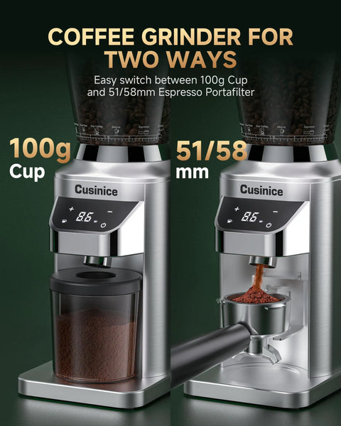 Ditch The Clutter And Ditch The Static With This Sharp Conical Burr Coffee Grinder Rocking A Bold 40Mm Stainless Steel Core And Thirty Four Dial Tweaks To Keep Grinds Light And Flavor Rich For Any Home Barista Wanting That Daily Smooth Sip, showing 100g and 51/58mm coffee grinding options.
