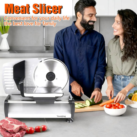 Heavy Duty 200W Electric Meat Slicer With Twin 7.5 Inch Stainless Steel Blades Adjustable Thickness Control For Deli Style Roast Beef Cheese And Bread Perfect Home Kitchen Upgrade Easy Clean Design in use with fresh vegetables.