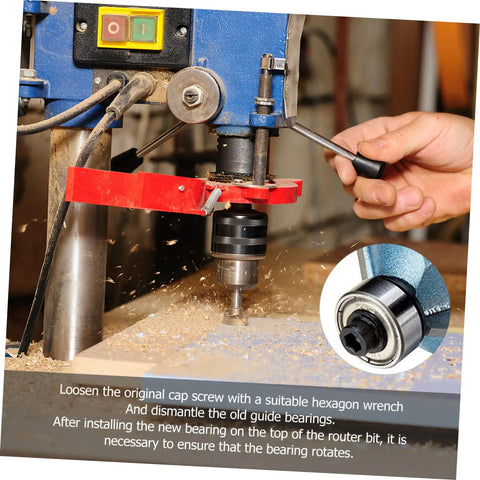 Using Router Bit Bearing Guide Kit Replacement Set Built To Last For Top Mount Durable Steel Bearings in woodworking tool.
