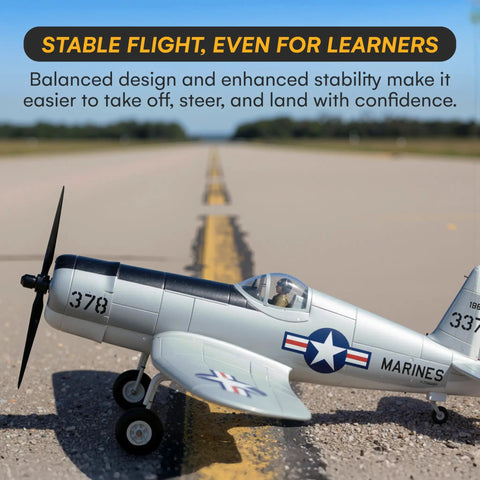 Realistic P51 Mustang RC plane on runway, showcasing its stable flight features for easy takeoff, steer, and land for adults.