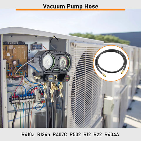 Beefy Heavy Duty Vacuum Hose Three Eighths Inch Six Foot For HVAC Quick Evacuation Black High Pressure 800 PSI Working Pressure 4000 PSI Burst Strength Durable And Flexible connected to HVAC system