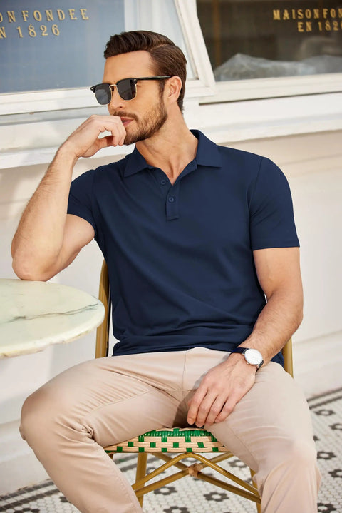 Man wearing Men's Golf Polo Shirt Quick Dry Cotton Short Sleeve Breathable Anti Sweat Wrinkle Resistant Tactical Collared