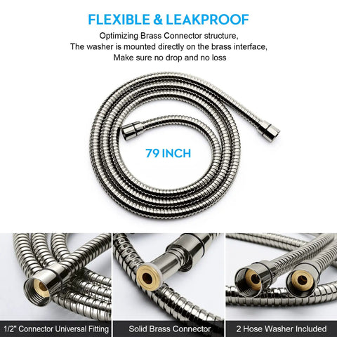 Extra Long 79 Inch Stainless Steel Shower Hose With Brass Insert And Nut Flexible No Kink Handheld Shower Head Hose Durable Brushed Nickel Finish One Half Inch Connector Easy Install With Double Lock Design, showcasing flexible and leakproof structure with connectors and washers visible.