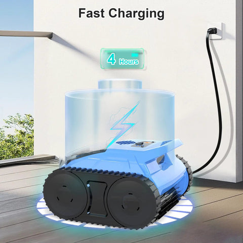 Cordless Robotic Pool Cleaner For Inground Pools 2026 Upgrade charging in 4 hours, dark blue, showing fast charging capability