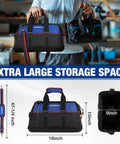 16 Inch Wide Mouth Tool Bag With Waterproof Molded Base, Heavy Duty 840D Polyester, Pro Grade Tool Organizer For Home, Garage And Job Site, Durable, Water Resistant Carryall With Double Stitching, 16x9x10 in, blue and black