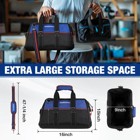 16 Inch Wide Mouth Tool Bag With Waterproof Molded Base, Heavy Duty 840D Polyester, Pro Grade Tool Organizer For Home, Garage And Job Site, Durable, Water Resistant Carryall With Double Stitching, 16x9x10 in, blue and black