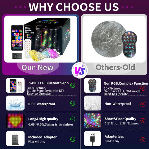 Comparison chart featuring Smart Curtain Lights 400 LED Color Changing 6.6ft By 6.6ft With App And Remote Dynamic DIY Fairy String Lights.
