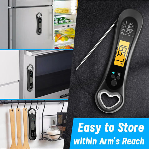 Digital Meat Thermometer With 3 Second Instant Read Temperature Range From 58 Below To 572 Fahrenheit on a kitchen surface.