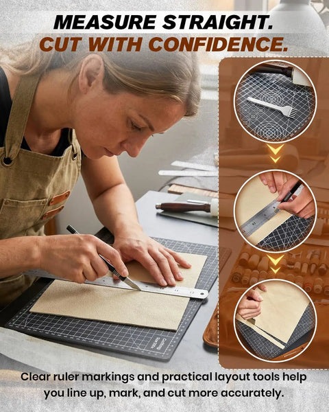Person using Leather Working Tools Kit Max Version With Custom Handbag Cutting Mats for precise leather cutting.