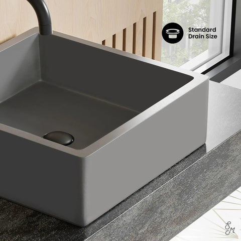 15 Inch Square Concrete Vessel Sink For Bathrooms In Dark Grey Above Counter Installation Stain Resistant Non Porous Concrete