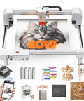 Dope 20W Laser Engraver And Cutter With Air Assist, engraving a cat image on wood, showing precision and power, 11.8x11.8 inch DIY CNC Laser.