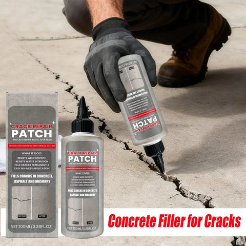Person applying Super Durable Knockout Performance Concrete Crack Filler Waterproof Sealant on a cracked surface.