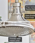 Industrial Farmhouse Nautical Pendant Light With Round Fresnel Lens; brushed nickel finish, hinge-locking design, prismatic lens