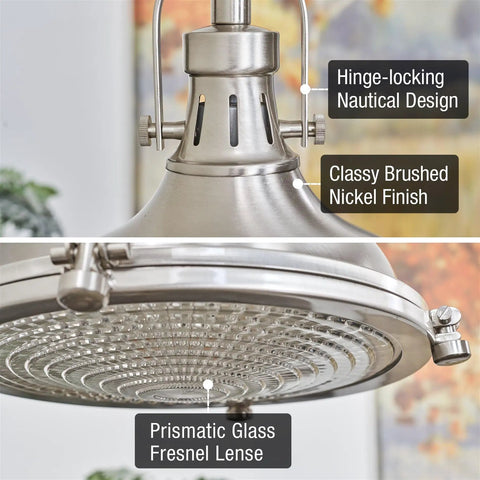 Industrial Farmhouse Nautical Pendant Light With Round Fresnel Lens; brushed nickel finish, hinge-locking design, prismatic lens