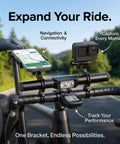 Beefy 800 Lumen USB Rechargeable Bike Headlight With 9.05 Inch Aluminum Handlebar Extender mounted on bike with devices