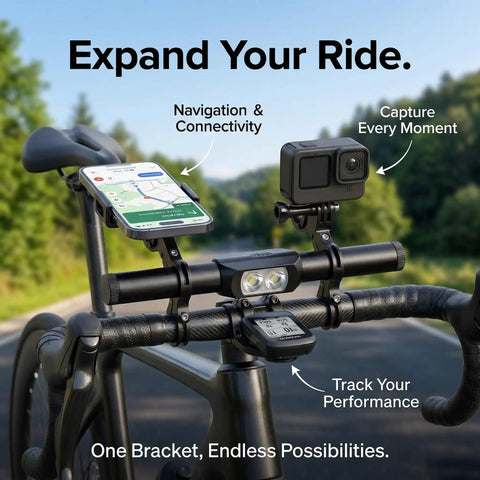 Beefy 800 Lumen USB Rechargeable Bike Headlight With 9.05 Inch Aluminum Handlebar Extender mounted on bike with devices