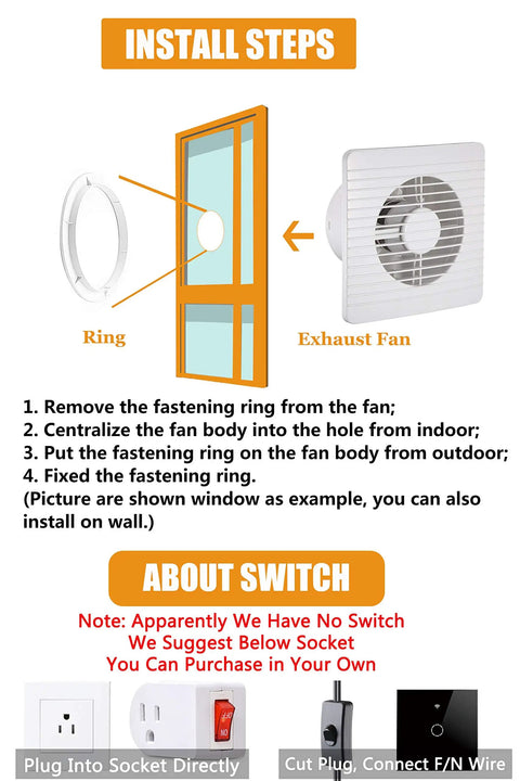 Installation steps for Powerful Six Inch Window Fan For Bathroom Exhaust Replacement showing ring and fan placement