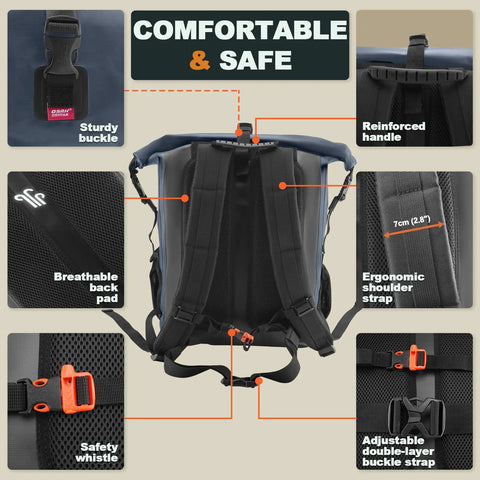 Heavy Duty Waterproof Dry Bag Backpack 35L 55L 85L With Roll Top Closure features back pad, ergonomic straps, and whistle